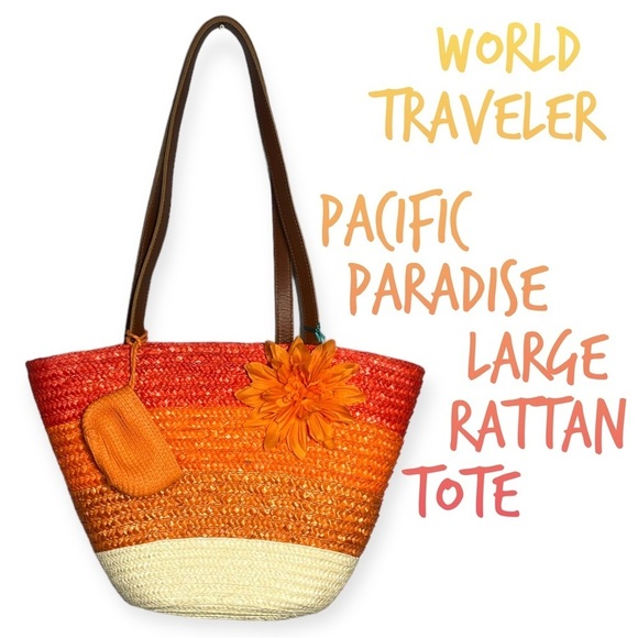 World Traveler Pacific Paradise orange rattan tote bag with change purse - Picture 1 of 9